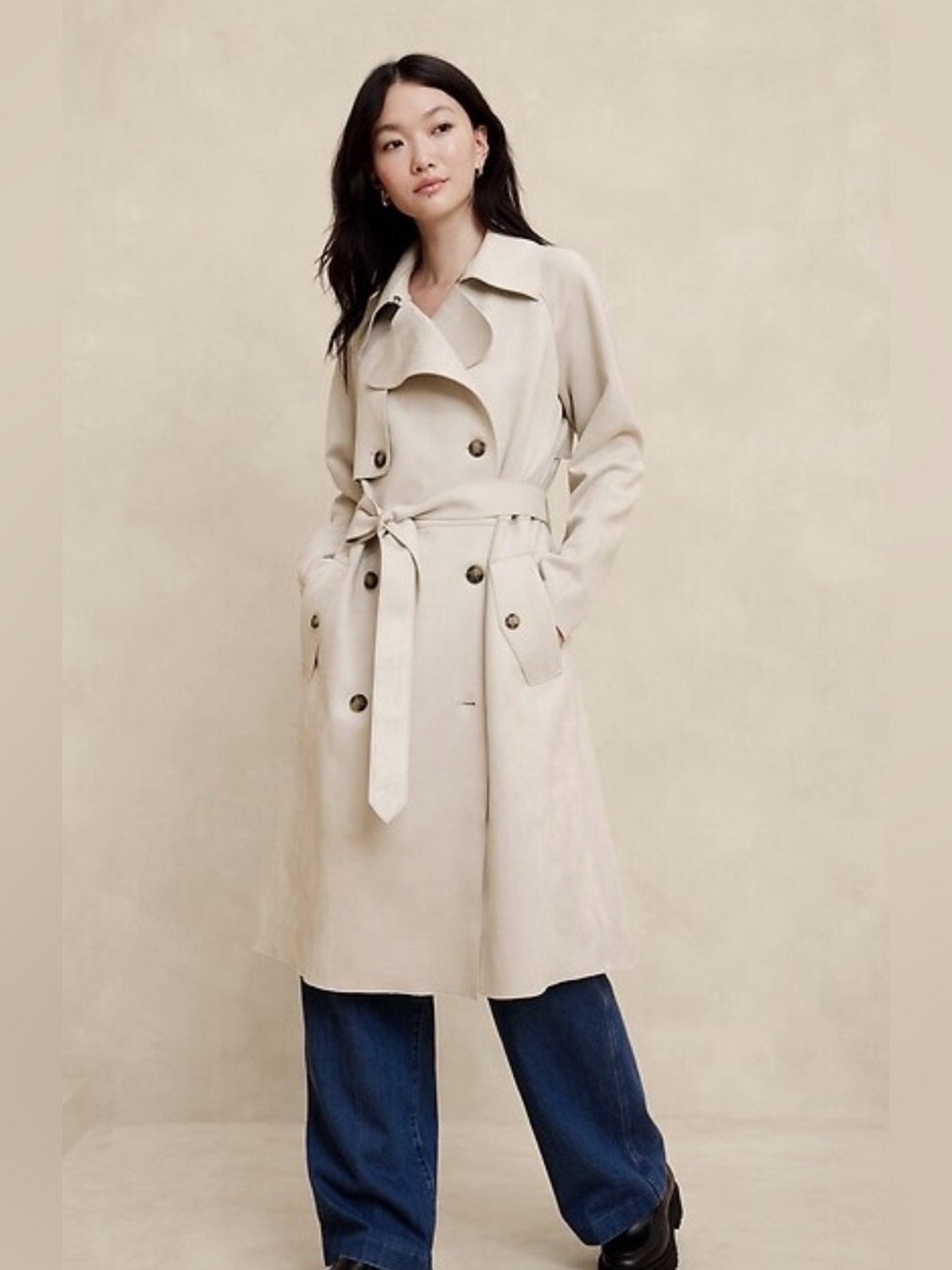 Classic Beige Vegan Suede Trench Coat With Belt